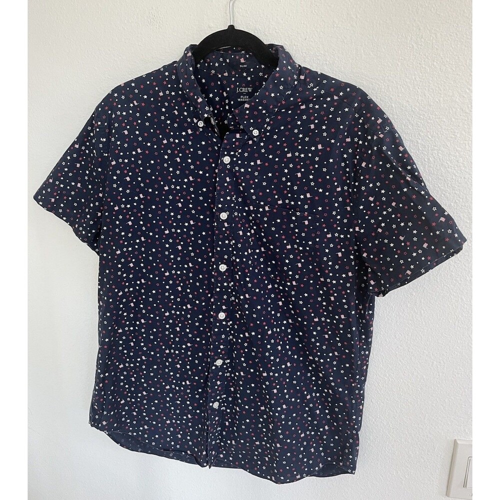 J.Crew Flex Washed Mens Slim Fit Large Short Sleeve Button Down Shirt Blue Red